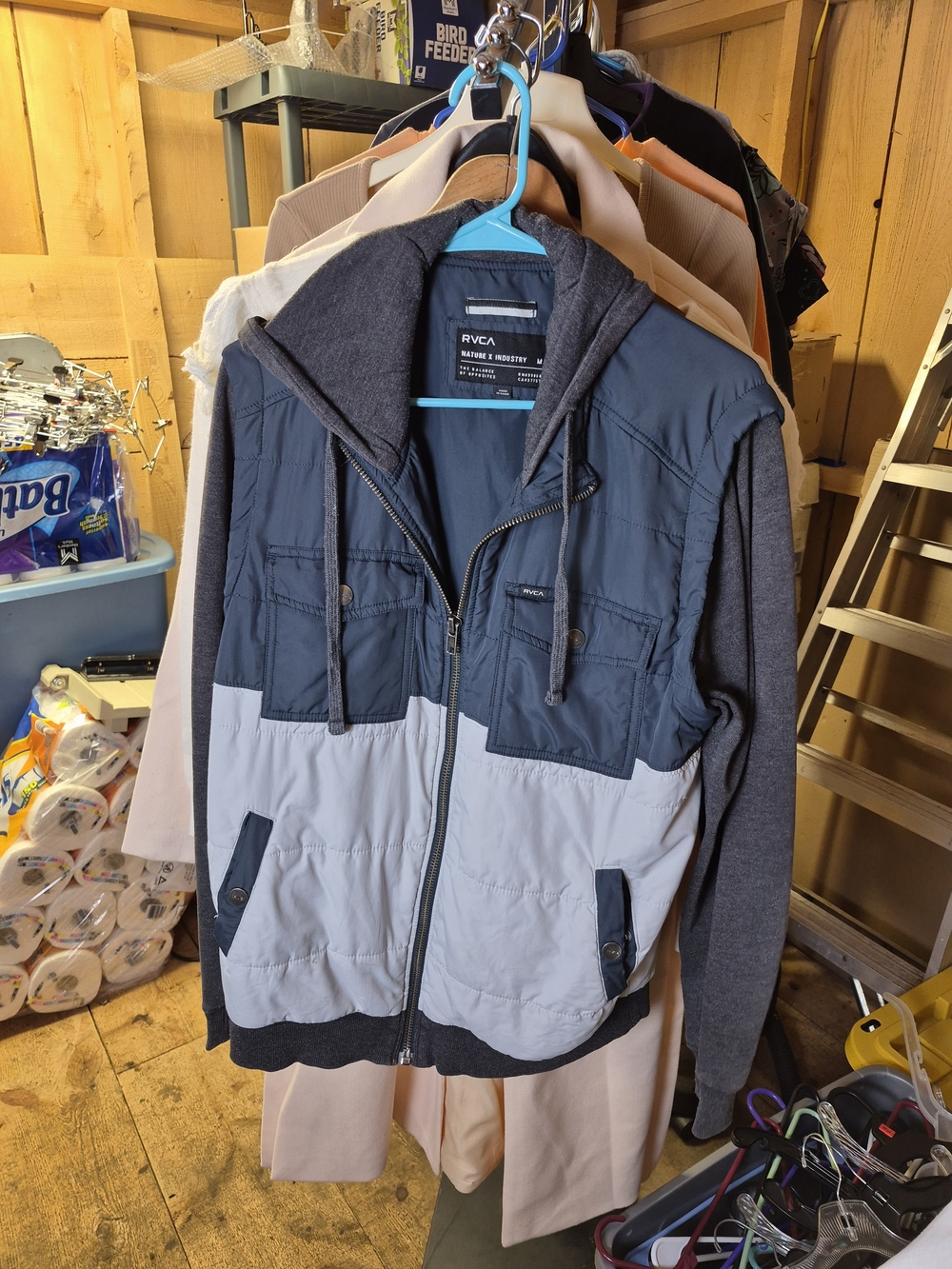 RVCA Two-Tone Hooded Shirt Jacket in Navy and Light Gray Bin 35